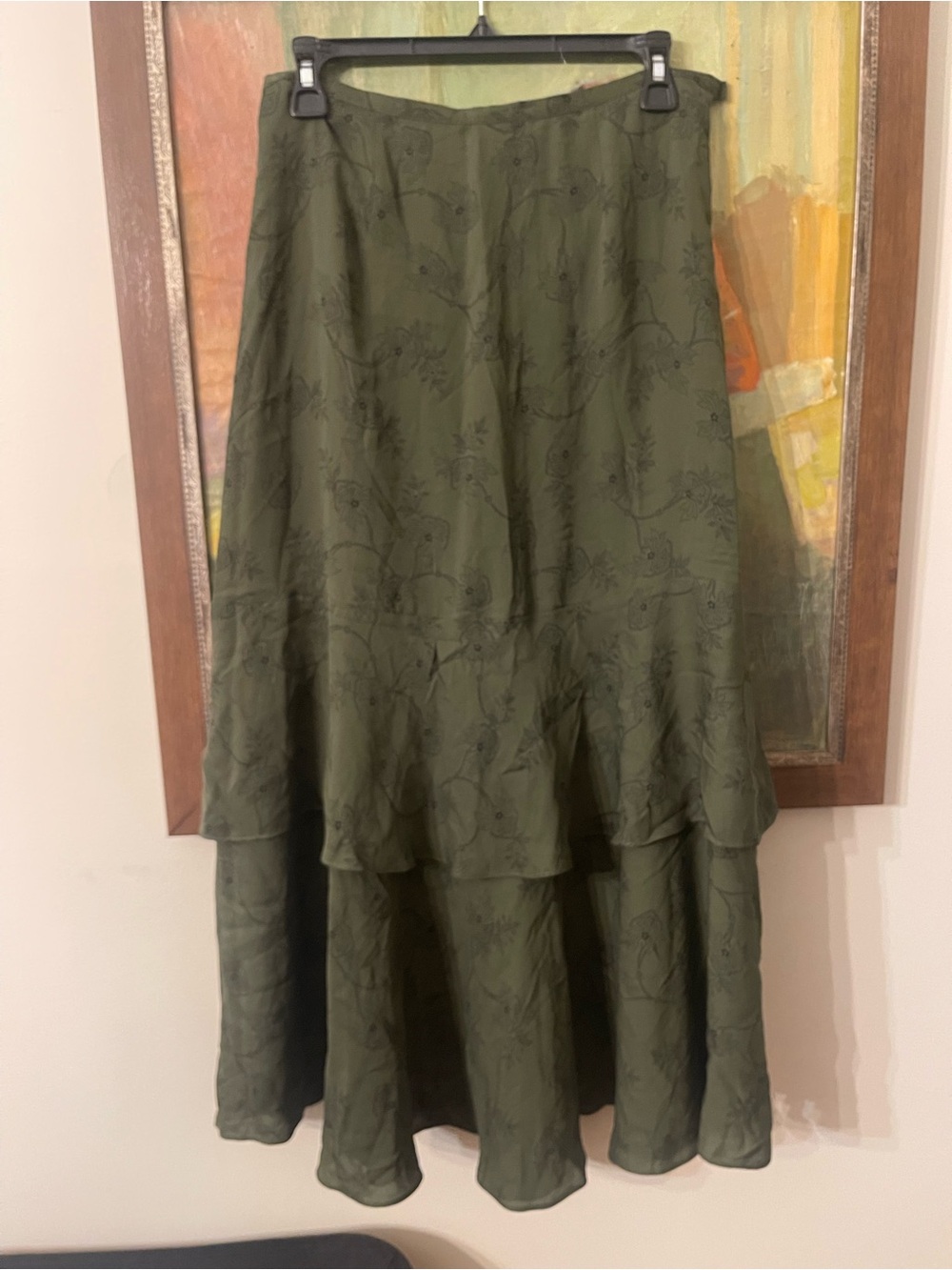 Sundance Olive Green Tiered Silk Maxi Skirt